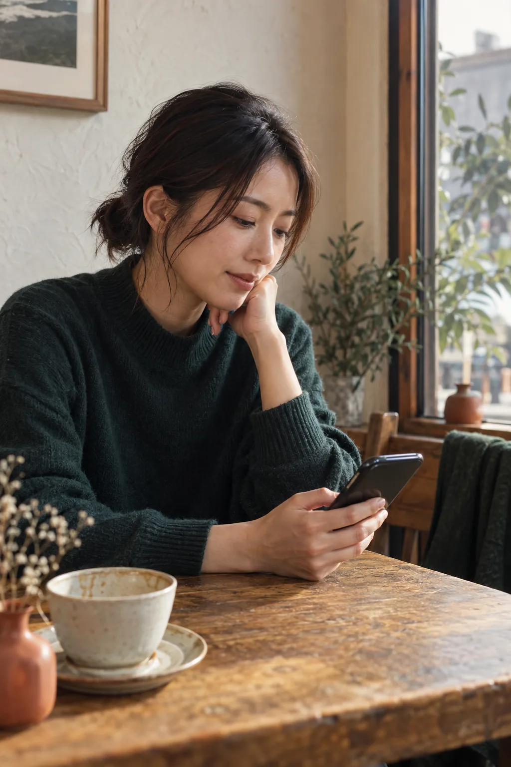 窓辺で、スマートフォンを静かに見る人