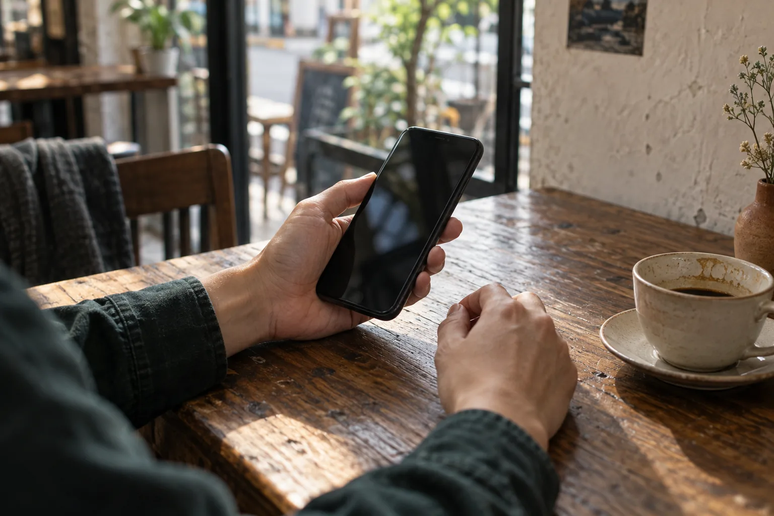 窓辺のテーブルで、スマートフォンを手にする人の手元