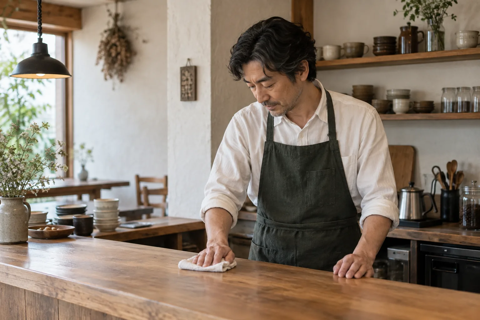 小さなお店で、カウンターを整える店主
